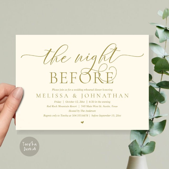 Invitación La noche anterior, el ensayo de la cena Boda (The Night Before, Modern Wedding Rehearsal Dinner Romance Invitation Card, PDF, Yellow Gold)