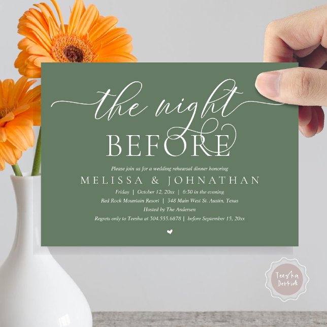 Invitación La noche anterior, el ensayo de la cena Boda (The Night Before, Modern Wedding Rehearsal Dinner Romance Invitation Card, PDF, Forest Sage Green)