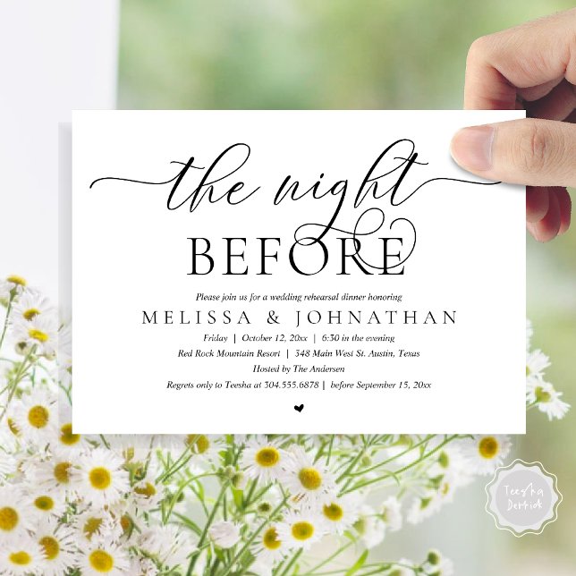 Invitación La noche anterior, el ensayo de la cena Boda (The Night Before, Modern Wedding Rehearsal Dinner Romance Invitation Card, PDF, Black White)