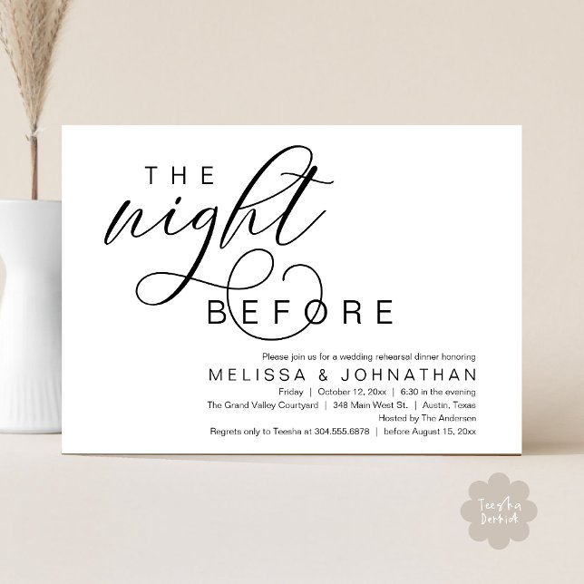 Invitación La noche anterior, el ensayo de la cena Boda (The Night Before, Classy Romantic Wedding Rehearsal Dinner Invitation Card PDF Modern White Black)
