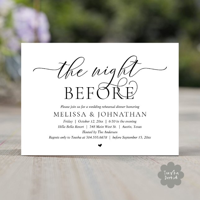 Invitación La noche anterior, el ensayo de la cena Boda (The Night Before, Classy Wedding Rehearsal Dinner Invitation Card PDF Romantic White Black)