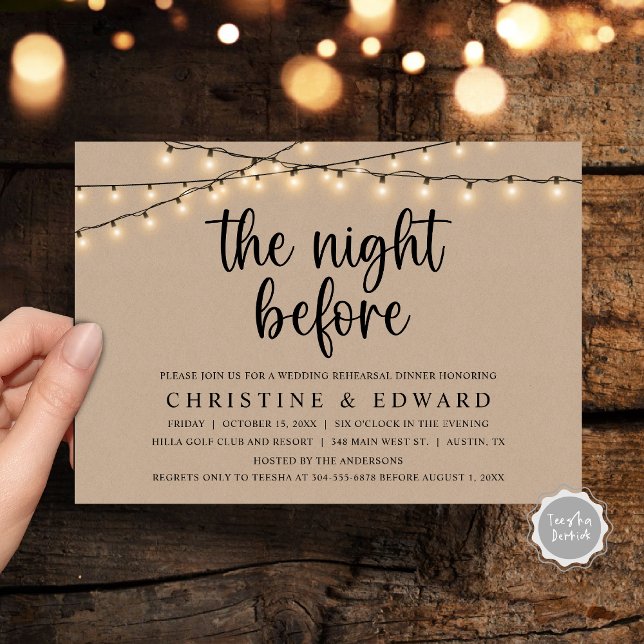 Invitación La noche anterior, ensayo Boda, Brown Kraft (The Night Before, Wedding Rehearsal, Brown Kraft Invitation Card, with rustic cottage String Lights)