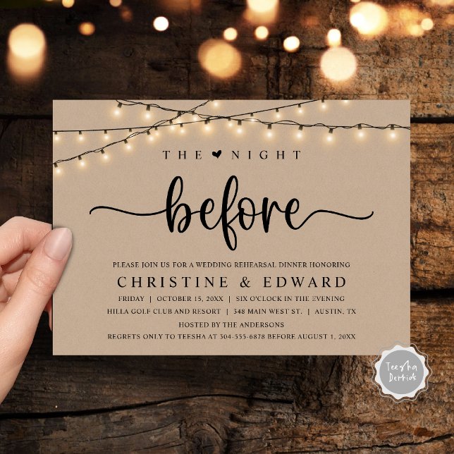 Invitación La noche anterior, ensayo Boda, Brown Kraft (The Night Before, Wedding Rehearsal, Brown Kraft Invitation Card, with rustic cottage String Lights.)