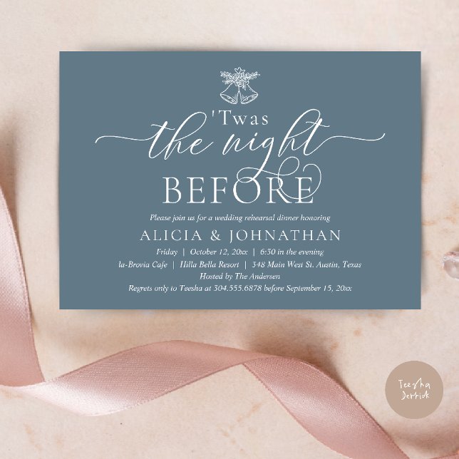 Invitación La noche anterior, esta Boda ensayaba la cena (The Night Before, Twas Wedding Rehearsal Dinner Party Invites Card mistletoe wedding bell dusty Blue)