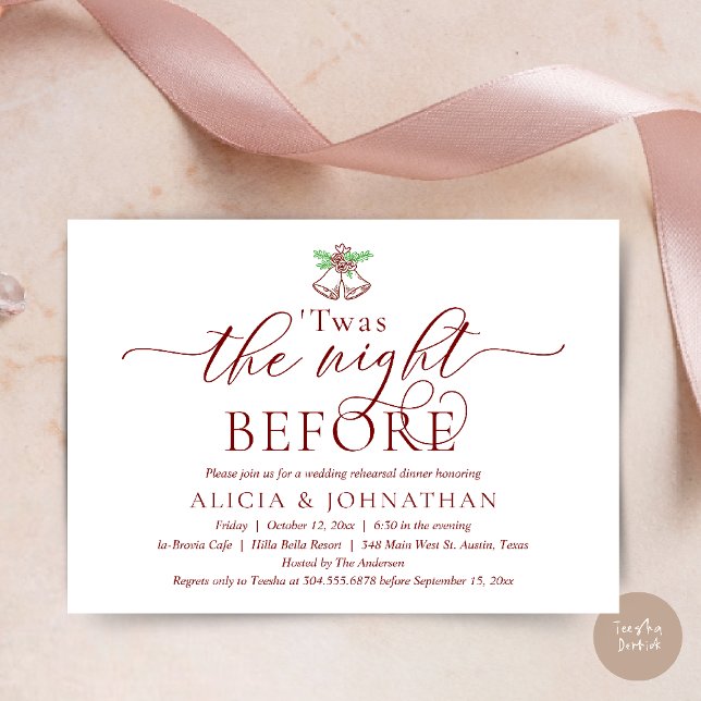 Invitación La noche anterior, esta Boda ensayaba la cena (The Night Before, Twas Wedding Rehearsal Dinner Party Invites Card mistletoe wedding bell burgundy)