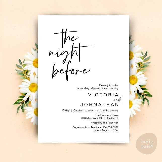 Invitación La noche anterior, Fiesta de ensayo Boda (The Night Before, Wedding Rehearsal Dinner Party Invites Card PDF Romantic Modern Casual Black White)