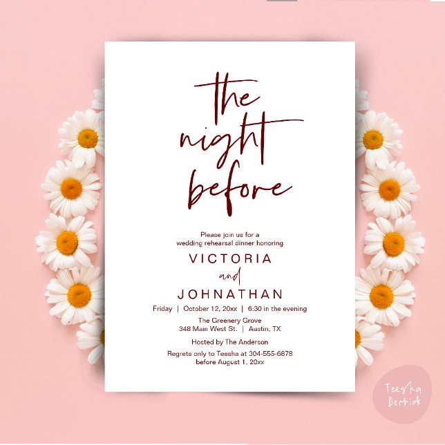 Invitación La noche anterior, Fiesta de la cena de ensayo Bod (The Night Before, Wedding Rehearsal Dinner Party Invites Card PDF Romantic Modern Casual Burgundy)