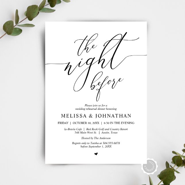 Invitación La noche anterior, Fiesta de la cena de ensayo Bod (The Night Before, Wedding Rehearsal Dinner Party Celebration Invitation Card, in modern whimsical.)