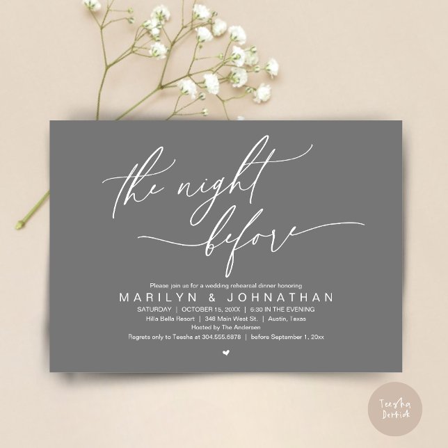 Invitación La noche anterior, Fiesta de la cena de ensayo Bod (The Night Before, Romantic Modern Wedding Rehearsal Dinner Party Invitation Card PDF Dark Grey)