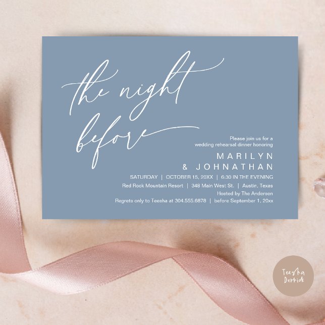 Invitación La noche anterior, Fiesta de la cena de ensayo Bod (The Night Before, Romantic Modern Wedding Rehearsal Dinner Party Invitation Card PDF Dusty Blue)