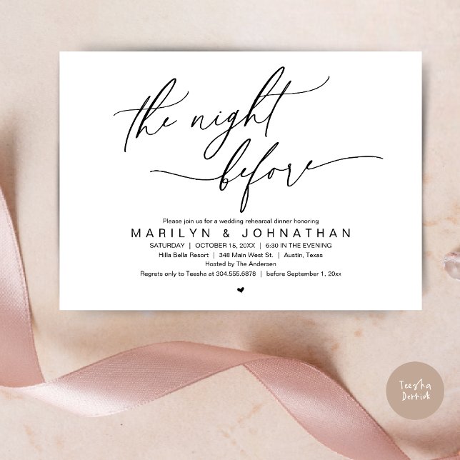 Invitación La noche anterior, Fiesta de la cena de ensayo Bod (The Night Before, Romantic Modern Wedding Rehearsal Dinner Party Invitation Card PDF Black White)