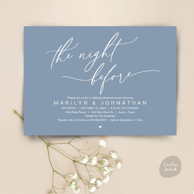 Invitación La noche anterior, Fiesta de la cena de ensayo Bod (The Night Before, Romantic Modern Wedding Rehearsal Dinner Party Invitation Card PDF Dusty Blue)