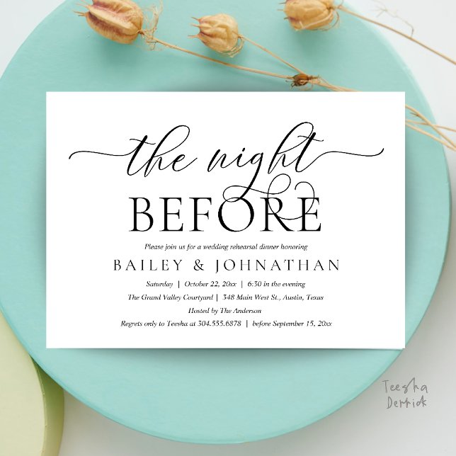 Invitación La Noche Antes, Cena de Ensayo de Boda Moderna (Modern Wedding Rehearsal Dinner, The Night Before Invitation Card in Black and White)
