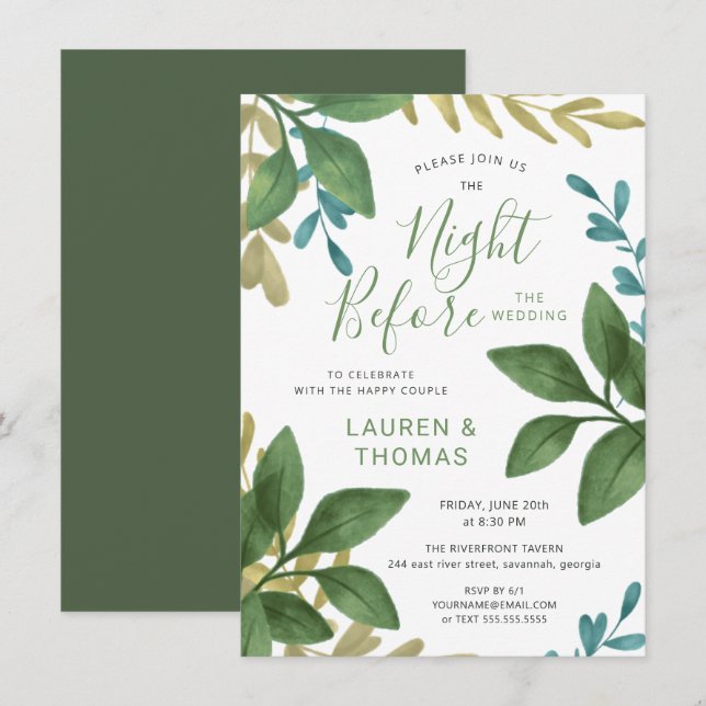 Invitación La noche antes de casar follaje de la acuarela (Anverso / Reverso)