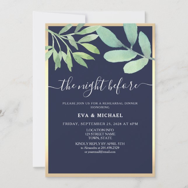 Invitación La noche antes de la cena del ensayo azul de la ma (Anverso)