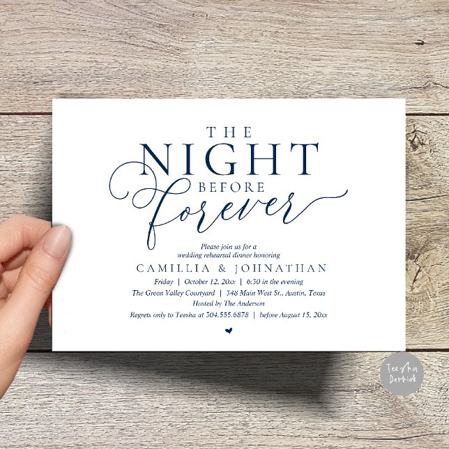 Invitación “La Noche Antes de Siempre” Comida de Ensayo Moder (“The Night Before Forever” Modern Classy Rehearsal Dinner Invitation card in Navy Blue)