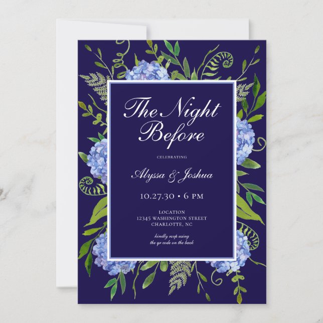Invitación La Noche Antes del Código QR de Hortensia Azul (Anverso)