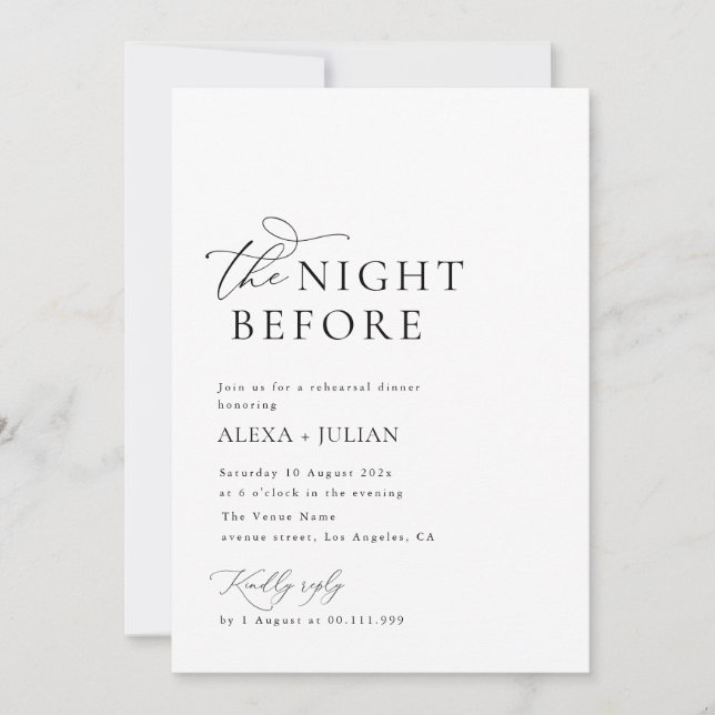 Invitación La noche antes del ensayo del boda blanco y negro (Anverso)