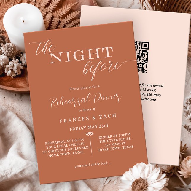 Invitación La noche antes del ensayo QR Code (Modern rehearsal dinner invitation with a scripted text image "The Night Before")