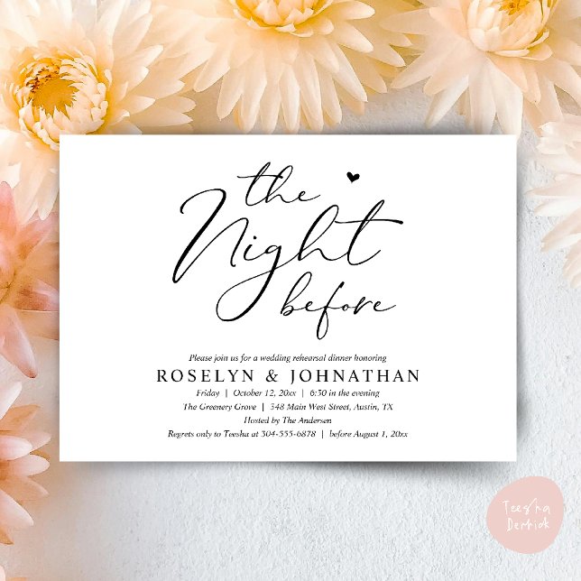 Invitación La noche antes del ensayo romántico Boda (The Night Before Romantic Wedding Rehearsal Dinner Little heart Invitation Card PDF White Black)