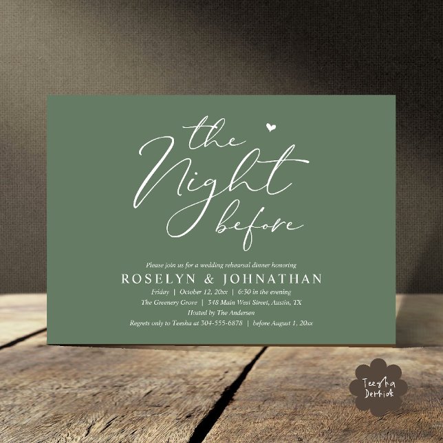 Invitación La noche antes del ensayo romántico Boda (The Night Before Romantic Wedding Rehearsal Dinner Little heart Invitation Card PDF Sage Green)