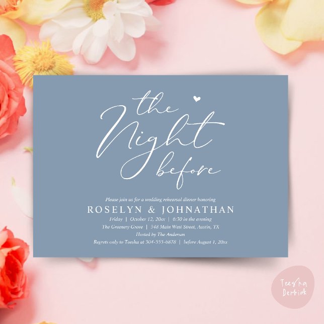 Invitación La noche antes del ensayo romántico Boda (The Night Before Romantic Wedding Rehearsal Dinner Little heart Invitation Card PDF Dusty Blue)