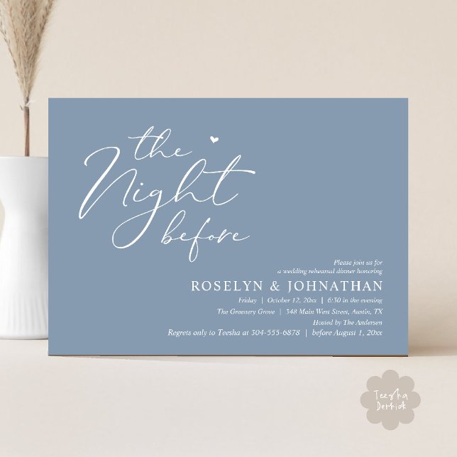 Invitación La noche antes del ensayo romántico Boda (The Night Before Romantic Wedding Rehearsal Dinner Little heart Invitation Card PDF Dusty Blue)