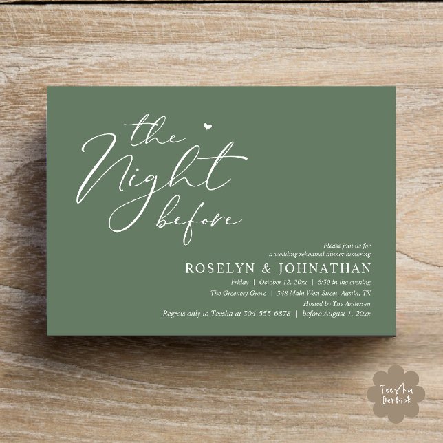 Invitación La noche antes del ensayo romántico Boda (The Night Before Romantic Wedding Rehearsal Dinner Little heart Invitation Card PDF Sage Green)