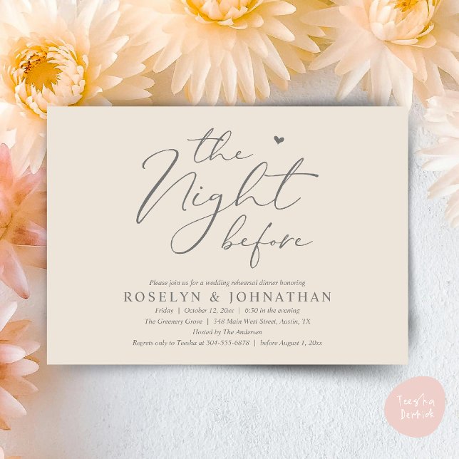 Invitación La noche antes del ensayo romántico Boda (The Night Before Romantic Wedding Rehearsal Dinner Little heart Invitation Card PDF Cream Grey)