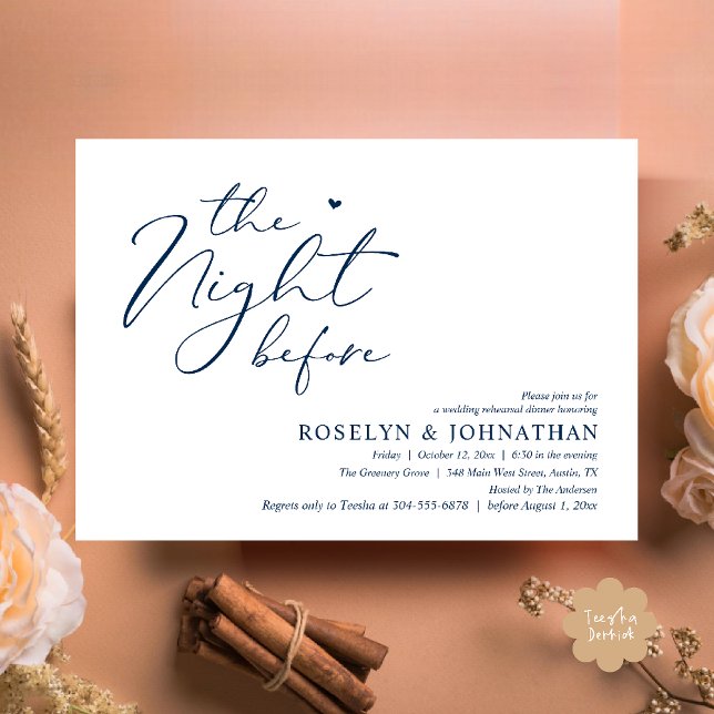 Invitación La noche antes del ensayo romántico Boda (The Night Before Romantic Wedding Rehearsal Dinner Little heart Invitation Card PDF Navy Blue)