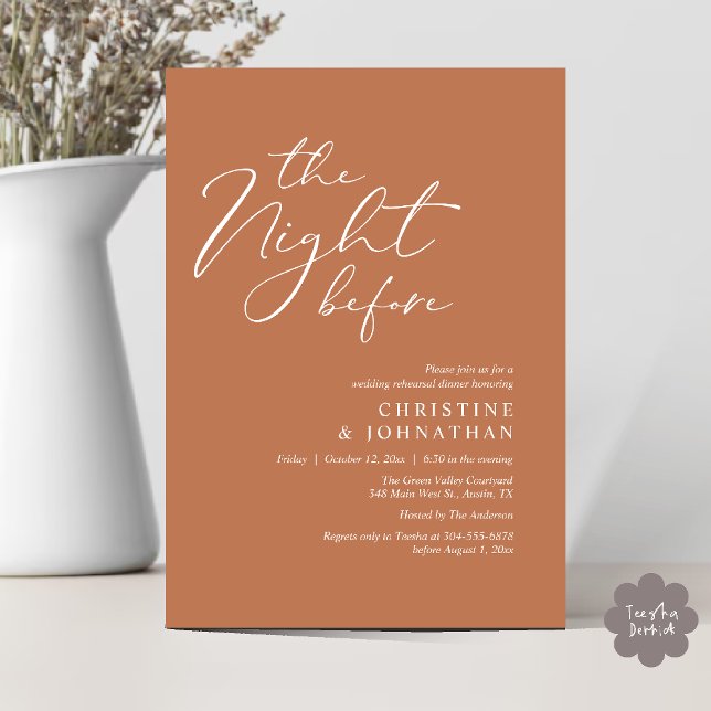 Invitación La noche antes del ensayo romántico Boda (The Night Before Romantic Wedding Modern Rehearsal Dinner Invites Card Hosted Parents Copper Brown)