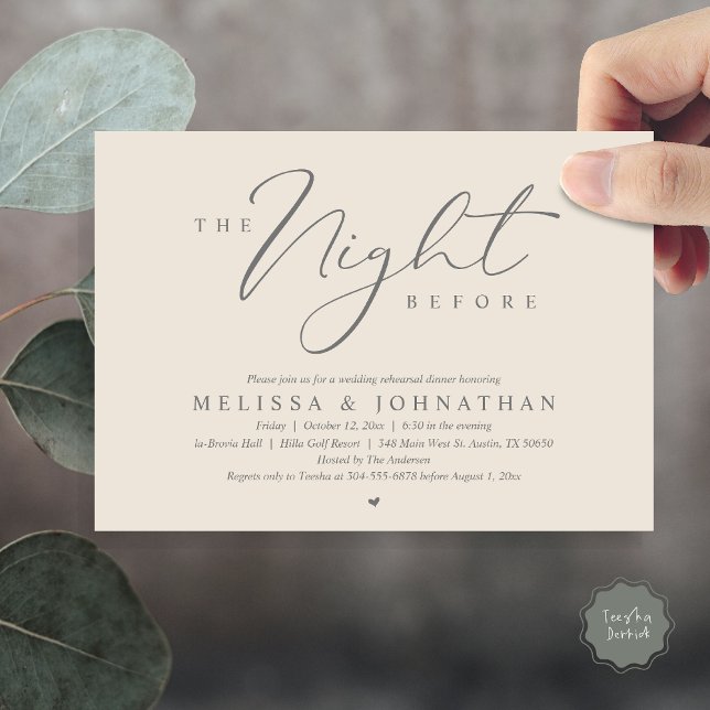 Invitación La noche antes del ensayo romántico Boda (,The Night Before Romantic Wedding Rehearsal Dinner Invitation Card, PDF, in Dark Grey Cream)
