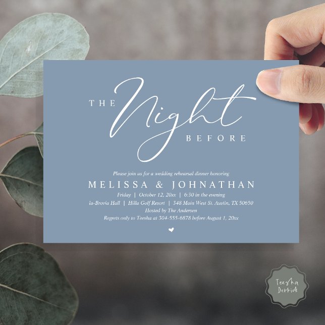 Invitación La noche antes del ensayo romántico Boda (The Night Before, Romantic Wedding Rehearsal Dinner Invitation Card, PDF, in Dusty Blue)