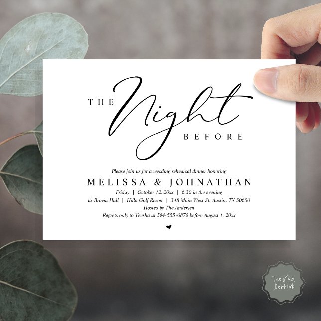 Invitación La noche antes del ensayo romántico Boda (The Night Before, Romantic Wedding Rehearsal Dinner Invitation Card, PDF, in Black and White)