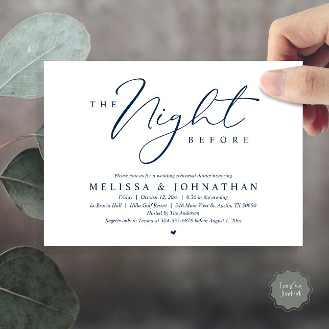 Invitación La noche antes del ensayo romántico Boda (The Night Before, Romantic Wedding Rehearsal Dinner Invitation Card, PDF, in Navy Blue)