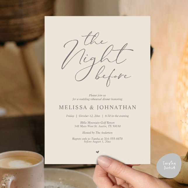 Invitación La noche antes del ensayo romántico Boda (Classy Romance, The Night Before Wedding Rehearsal Dinner Invitation Card, PDF, in Cream Grey)
