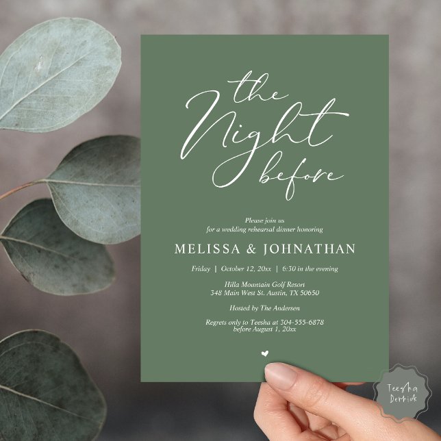 Invitación La noche antes del ensayo romántico Boda (Classy Romance, The Night Before Wedding Rehearsal Dinner Invitation Card, PDF, in Forest Sage Green)