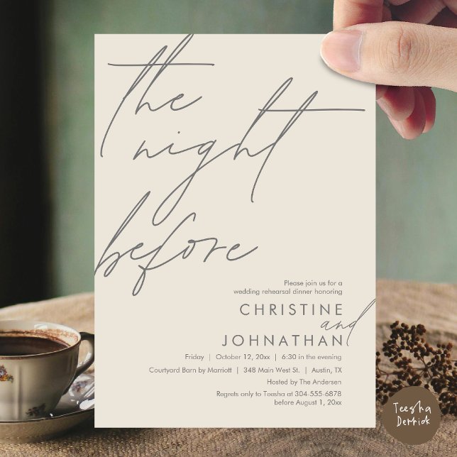 Invitación La noche antes del ensayo romántico Boda (The Night Before Romantic Wedding Rehearsal Dinner Invitation Card, PDF, in Cream Grey)