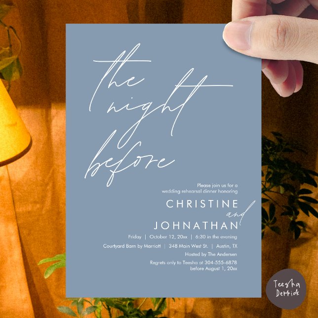 Invitación La noche antes del ensayo romántico Boda (The Night Before Romantic Wedding Rehearsal Dinner Invitation Card, PDF, in Dusty Blue)