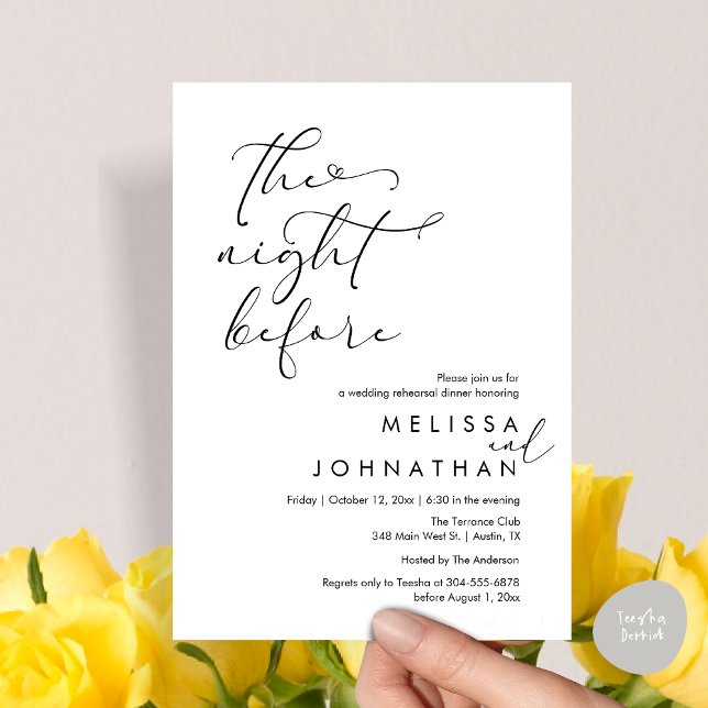 Invitación La noche antes del ensayo romántico Boda (The Night Before, Romantic Wedding Rehearsal Dinner Invitation Card, PDF, Black White)