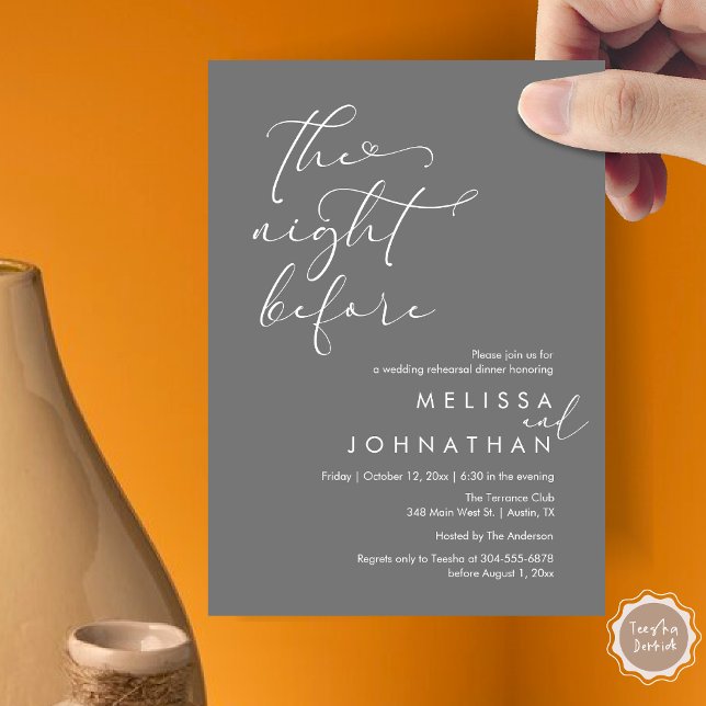 Invitación La noche antes del ensayo romántico Boda (The Night Before, Romantic Wedding Rehearsal Dinner Invitation Card, PDF, Dark Grey)