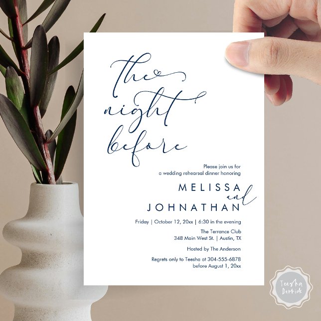 Invitación La noche antes del ensayo romántico Boda (The Night Before, Romantic Wedding Rehearsal Dinner Invitation Card, PDF, Navy Blue)