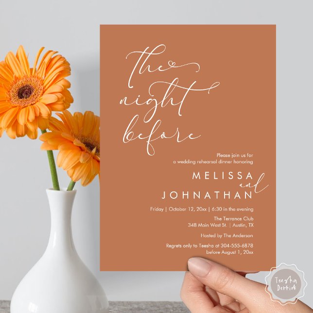 Invitación La noche antes del ensayo romántico Boda (The Night Before, Romantic Wedding Rehearsal Dinner Invitation Card, PDF, Copper Brown)