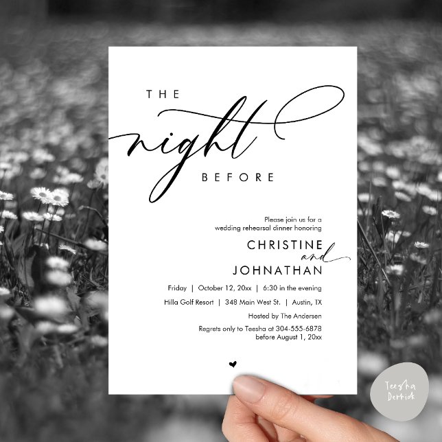 Invitación La noche antes del ensayo romántico Boda (The Night Before, Modern Romantic Wedding Rehearsal Dinner Invitation Card, PDF, In Black and White)