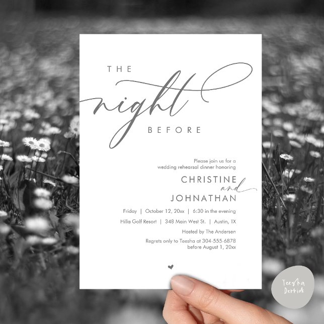Invitación La noche antes del ensayo romántico Boda (Modern Romantic The Night Before, Wedding Rehearsal Dinner Invitation Card, PDF, Dark Grey)