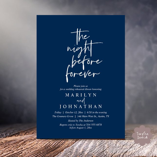 Invitación La Noche Antes para Siempre, Cena de Ensayo de Bod (The Night Before Forever, Modern Minimal Wedding Rehearsal Dinner Invitation Card in Navy Blue)