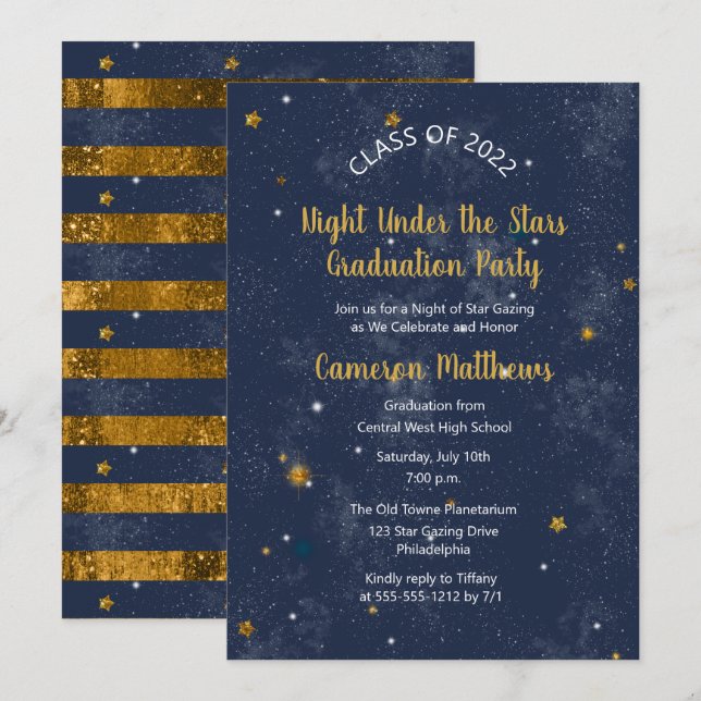 Invitación La noche bajo las estrellas azul | Fiesta de gradu (Anverso / Reverso)