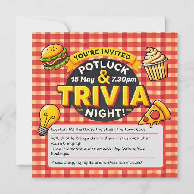 Invitación La noche de Potluck y Trivia invitan a la suerte d (Anverso)
