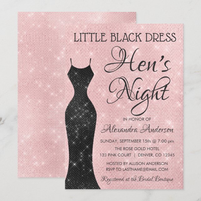 Invitación La noche de Rubor Pink Hen, vestido negro pequeño (Anverso / Reverso)