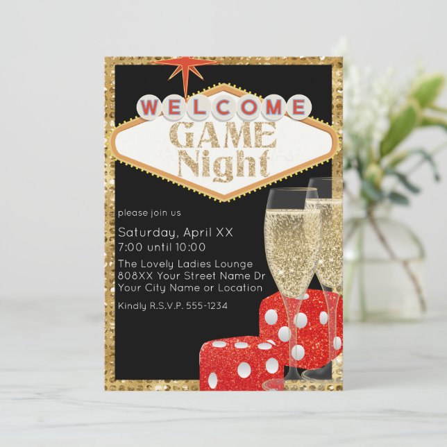 Invitación La noche del juego negro del Purpurina rojo dice y (Anverso de pie)